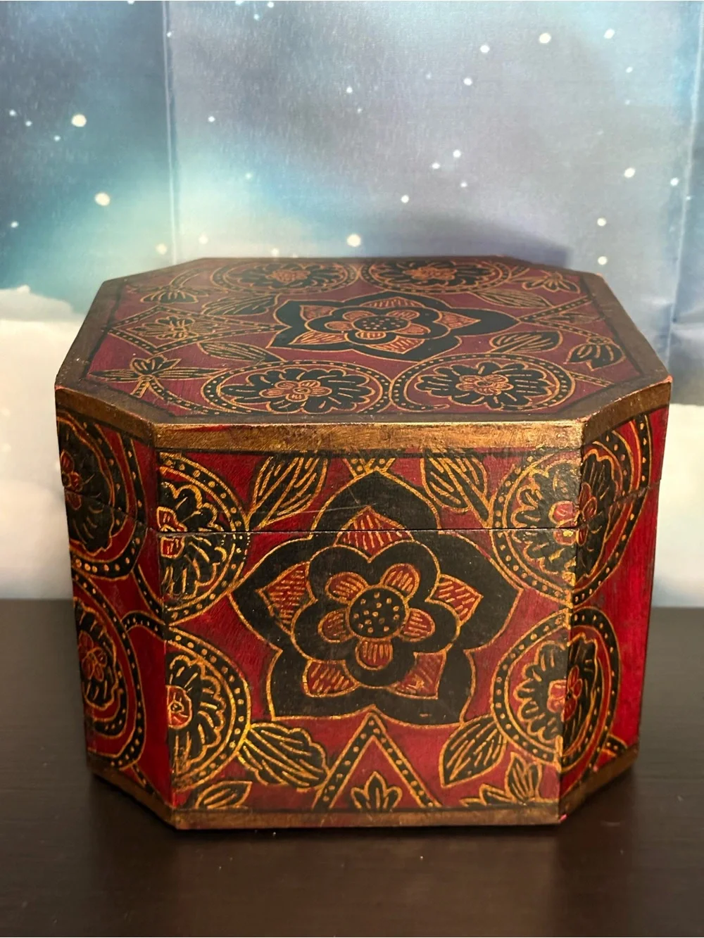 Pier One Decorative Box Floral red, black,gold wooden storage keepsake. PO